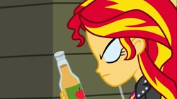 Size: 1100x618 | Tagged: safe, screencap, sunset shimmer, equestria girls, equestria girls (movie), apple cider, eyeshadow, makeup, solo