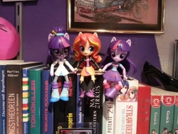 Size: 1280x960 | Tagged: safe, artist:ayanokorohama, sci-twi, sunset shimmer, twilight sparkle, equestria girls, book, bookshelf, doll, equestria girls minis, eqventures of the minis, female, holding hands, irl, lesbian, photo, scitwishimmer, shipping, strawberry panic!, sunset twiangle, sunsetsparkle, toy, twolight