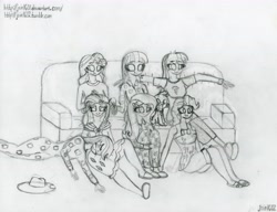 Size: 6471x4972 | Tagged: safe, artist:happyb0y95, applejack, pinkie pie, rainbow dash, rarity, spike, sunset shimmer, twilight sparkle, dog, human, equestria girls, absurd resolution, clothes, female, hat, humanized, male, pajamas, slippers, sofa, traditional art
