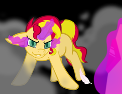 Size: 1248x960 | Tagged: safe, artist:ahaintthatbad, sunset shimmer, pony, corrupted, dark magic, feather, magic, solo, sombra eyes