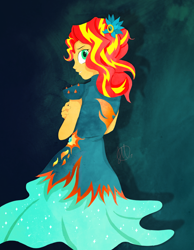 Size: 1024x1320 | Tagged: safe, artist:scarabdynasty1, sunset shimmer, equestria girls, legend of everfree, clothes, crystal gala, dress, rear view, signature