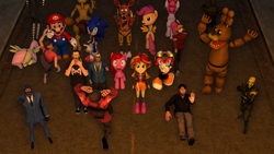 Size: 1280x720 | Tagged: safe, artist:kjmusicalx, fluttershy, pinkie pie, scootaloo, sunset shimmer, human, equestria girls, 3d, bonnie, charmy bee, combine, crossover, elements of insanity, five nights at freddy's, foxy, h2odelirious, half-life, half-life 2, hunter, jontron, mario, marionette, markiplier, mewtwo, pinkamena diane pie, pinkis cupcake, pokémon, soldier, sonic the hedgehog, sonic the hedgehog (series), source filmmaker, spy, super mario bros., team fortress 2, vanossgaming