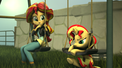Size: 1920x1080 | Tagged: safe, artist:jarg1994, sunset shimmer, pony, equestria girls, 3d, clothes, female, human ponidox, jacket, leather jacket, pants, self ponidox, sitting, struggling, swing