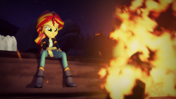 Size: 1920x1080 | Tagged: safe, artist:razethebeast, sunset shimmer, equestria girls, 3d, boots, campfire, clothes, high heel boots, jacket, leather jacket, serious, serious face, sitting, solo, source filmmaker, waterfall