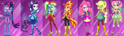 Size: 1832x535 | Tagged: safe, artist:unicornsmile, applejack, fluttershy, pinkie pie, rainbow dash, rarity, sci-twi, sunset shimmer, twilight sparkle, equestria girls, legend of everfree, boots, clothes, crystal guardian, crystal wings, glasses, gloves, high heel boots, humane five, humane seven, humane six, looking at you, pants, ponied up, ponytail, shoes, smiling, sneakers, sparkles, starsue, super ponied up, visor, wings