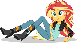 Size: 11669x6563 | Tagged: safe, artist:illumnious, sunset shimmer, equestria girls, friendship games, absurd resolution, boots, clothes, high heel boots, jacket, open mouth, pants, simple background, solo, transparent background, vector