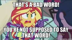 Size: 600x337 | Tagged: safe, edit, edited screencap, screencap, sci-twi, sunset shimmer, twilight sparkle, equestria girls, friendship games, angry, exploitable meme, image macro, meme, sunset yells at twilight, the boondocks