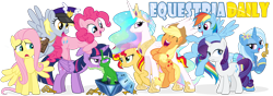 Size: 1000x350 | Tagged: safe, derpibooru import, applejack, derpy hooves, fluttershy, gummy, pinkie pie, princess celestia, rainbow dash, rarity, sunset shimmer, trixie, twilight sparkle, twilight sparkle (alicorn), alicorn, earth pony, pegasus, pony, unicorn, equestria daily, equestria girls outfit, keys of harmony, mailmare, mane six