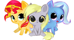Size: 800x438 | Tagged: safe, artist:millioncookies, derpy hooves, sunset shimmer, trixie, pegasus, pony, unicorn, chibi, cute, derpabetes, diatrixes, female, filly, filly derpy, filly sunset shimmer, filly trixie, millioncookies is trying to murder us, shimmerbetes, simple background, transparent background, trio, younger