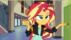 Size: 1100x618 | Tagged: safe, screencap, sunset shimmer, equestria girls, friendship games, clothes, derp, door, jacket, leather jacket, lockers, solo