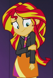 Size: 427x622 | Tagged: safe, screencap, sunset shimmer, equestria girls, rainbow rocks, clothes, cropped, hand on arm, jacket, leather jacket, skirt, solo