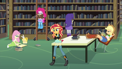 Size: 1280x720 | Tagged: safe, screencap, angel bunny, applejack, fluttershy, pinkie pie, rarity, sunset shimmer, equestria girls, friendship games, backpack, book, boots, bracelet, clothes, cowboy boots, cowboy hat, denim skirt, hat, high heel boots, jacket, jewelry, ladder, leather jacket, library, skirt, socks, stetson, table