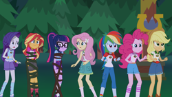 Size: 1920x1080 | Tagged: safe, artist:dashiemlpfim, artist:wawtoons, applejack, fluttershy, pinkie pie, rainbow dash, rarity, sci-twi, sunset shimmer, twilight sparkle, equestria girls, legend of everfree, bondage, clothes, denim shorts, glasses, legs, pants, ponytail, skirt, socks, vine