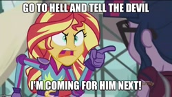 Size: 800x450 | Tagged: safe, edit, edited screencap, screencap, sci-twi, sunset shimmer, twilight sparkle, equestria girls, friendship games, angry, demoman, devil, discovery family logo, exploitable meme, hell, image macro, meme, pyro, sunset yells at twilight, team fortress 2