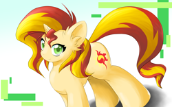 Size: 2000x1250 | Tagged: safe, artist:ragurimo, sunset shimmer, pony, equestria girls, cute, green eyes, looking at you, shimmerbetes, smiling, solo, wrong eye color