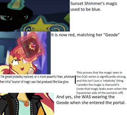 Size: 719x653 | Tagged: safe, sunset shimmer, equestria girls, spoiler:eqg specials, element of magic, female, geode of empathy, glowing horn, headcanon, magic, magical geodes, text, theory