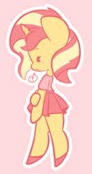 Size: 723x1366 | Tagged: safe, artist:typhwosion, sunset shimmer, semi-anthro, unicorn, beady eyes, blushing, clothes, cute, female, pink background, pleated skirt, profile, question mark, shimmerbetes, shoes, simple background, skirt, solo, speech bubble