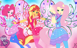 Size: 3348x2092 | Tagged: safe, artist:sparkling-sunset-s08, fluttershy, pinkie pie, sunset shimmer, human, equestria girls, barely eqg related, base used, boots, clothes, cosmix, crossover, equestria girls logo, fairies, fairies are magic, fairy, fairy wings, fairyized, hasbro, hasbro studios, high heel boots, high heels, humanized, ponied up, rainbow s.r.l, shoes, winged humanization, wings, winx, winx club, winxified