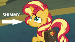 Size: 1280x720 | Tagged: safe, edit, edited screencap, screencap, sunset shimmer, pony, equestria girls, equestria girls series, forgotten friendship, arrow, captain obvious, cute, nickname, shimmerbetes, shimmy, text edit