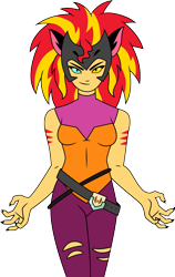 Size: 1000x1587 | Tagged: safe, artist:cloudyglow, sunset shimmer, equestria girls, catgirl, catra, claws, clothes, crossover, female, heterochromia, looking at you, netflix, pants, she-ra and the princesses of power, simple background, smiling, solo, transparent background