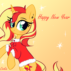 Size: 3500x3500 | Tagged: safe, artist:lazuli, sunset shimmer, pony, unicorn, blushing, christmas, clothes, costume, cute, female, happy new year, holiday, mare, santa costume, smiling, solo