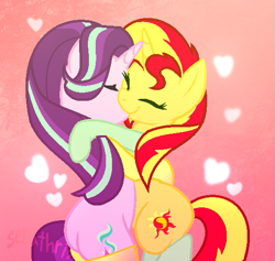 Size: 535x507 | Tagged: safe, artist:harm0nic-bases, artist:serathrix, starlight glimmer, sunset shimmer, pony, unicorn, base used, bipedal, clothes, eyes closed, female, heart, hug, kissing, lesbian, mare, shimmerglimmer, shipping, signature, socks, stockings, thigh highs