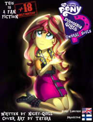 Size: 1024x1336 | Tagged: safe, artist:tatara94, sunset shimmer, fanfic:umbral souls, better together, equestria girls, adult content warning, black background, commission, cover, cover art, equestria girls logo, fanfic art, geode of empathy, kneeling, looking up, magic glow, magical geodes, simple background, worried