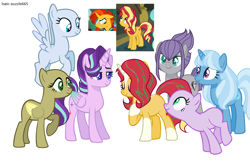 Size: 2056x1344 | Tagged: safe, alternate version, artist:the-75th-hunger-game, maud pie, starlight glimmer, sunburst, sunset shimmer, trixie, alicorn, pegasus, pony, unicorn, alicornified, alternate hairstyle, alternate timeline, alternate universe, base, base used, deuterverse, flying, race swap, starlicorn, wip