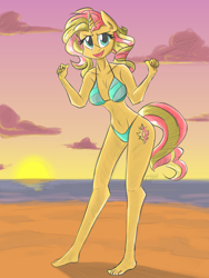 Size: 1200x1600 | Tagged: safe, artist:flutterthrash, sunset shimmer, anthro, plantigrade anthro, unicorn, beach, belly button, bikini, breasts, clothes, sand, sun, sunset, sunset jiggler, swimsuit