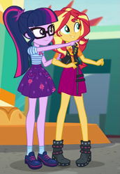 Size: 581x846 | Tagged: safe, screencap, sci-twi, sunset shimmer, twilight sparkle, better together, equestria girls, rollercoaster of friendship, cropped, duo, female, geode of empathy, magical geodes