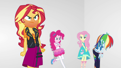 Size: 1920x1080 | Tagged: safe, screencap, fluttershy, pinkie pie, rainbow dash, sunset shimmer, equestria girls, equestria girls series, rollercoaster of friendship, angry, geode of empathy, geode of fauna, geode of sugar bombs, geode of super speed, magical geodes, red face, sudden realization, sunset shimmer is not amused, unamused