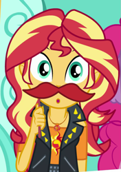 Size: 605x857 | Tagged: safe, screencap, sunset shimmer, better together, equestria girls, rollercoaster of friendship, cropped, fake moustache, geode of empathy, magical geodes, offscreen character