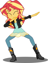 Size: 6133x8102 | Tagged: safe, artist:toonalexsora007, sunset shimmer, equestria girls, friendship games, absurd resolution, clothes, dab, eyes closed, female, jacket, leather jacket, pants, simple background, smiling, solo, transparent background