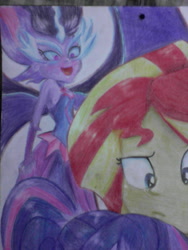 Size: 1200x1600 | Tagged: safe, artist:jeqdor, midnight sparkle, sci-twi, sunset shimmer, twilight sparkle, better together, equestria girls, friendship games, confused, glasses, photo, scared, traditional art