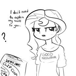 Size: 1280x1280 | Tagged: safe, artist:tjpones, sunset shimmer, equestria girls, clothes, dialogue, female, homesick shimmer, lineart, monochrome, shirt, simple background, sketch, sunset wants her old digestive system back