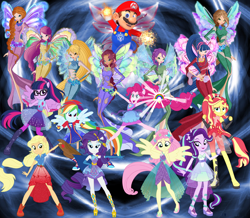 Size: 2644x2306 | Tagged: safe, artist:user15432, artist:whalepornoz, applejack, fluttershy, pinkie pie, rainbow dash, rarity, sci-twi, starlight glimmer, sunset shimmer, twilight sparkle, better together, equestria girls, aisha, amulet, bloom, bloom (winx club), clothes, crossover, dream, dream world, ear piercing, earring, fairies, fairies are magic, fairy, fairy wings, flora (winx club), flower, fuzzy wings, gem, gloves, glow, jewelry, layla, magic, magic aura, magical trio, maridash, mario, mariopie, marioshy, musa, necklace, onyrix, piercing, ponied up, portal, rainbow, roxy (winx club), scitwilicorn, shoes, stella (winx club), super mario bros., super ponied up, super smash bros., tecna, wings, winx, winx club, world of winx