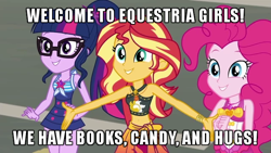 Size: 640x360 | Tagged: safe, edit, edited screencap, screencap, pinkie pie, sci-twi, sunset shimmer, twilight sparkle, better together, equestria girls, x marks the spot, belly button, bikini, bookhorse, candy, caption, clothes, cropped, female, food, geode of empathy, geode of sugar bombs, geode of telekinesis, hugs?, image macro, magical geodes, midriff, sleeveless, swimsuit, text, welcome