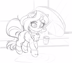 Size: 3400x3000 | Tagged: safe, artist:katakiuchi4u, sunset shimmer, pony, unicorn, chest fluff, clothes, coffee cup, cup, female, jacket, mare, monochrome, pants, sketch, solo, umbrella, wip