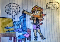 Size: 978x693 | Tagged: safe, sonata dusk, sunset shimmer, better together, equestria girls, blue unicorn, bully, bullying, clothes, evil, lined paper, mean, panties, traditional art, underwear, wedgie