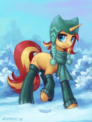 Size: 900x1200 | Tagged: safe, artist:asimos, sunset shimmer, pony, unicorn, clothes, cute, female, hat, leg warmers, lidded eyes, looking at you, mare, raised hoof, raised leg, scarf, shimmerbetes, smiling, snow, socks, solo