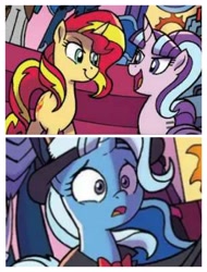 Size: 3106x4096 | Tagged: safe, artist:tonyfleecs, edit, idw, starlight glimmer, sunset shimmer, trixie, pony, unicorn, nightmare knights, spoiler:comic, the great and powerful roxy