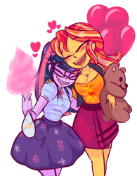 Size: 1681x2152 | Tagged: safe, artist:femujoshi, sci-twi, sunset shimmer, twilight sparkle, fish, better together, equestria girls, rollercoaster of friendship, balloon, blushing, cotton candy, cuddling, cute, eyes closed, female, geode of empathy, geode of telekinesis, happy, heart, lesbian, magical geodes, scitwishimmer, shimmerbetes, shipping, simple background, sunset jiggler, sunsetsparkle, teddy bear, twiabetes