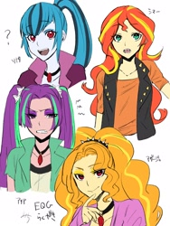 Size: 1200x1600 | Tagged: safe, artist:idolize_341, adagio dazzle, aria blaze, sonata dusk, sunset shimmer, equestria girls, rainbow rocks, clothes, fangs, hairband, japanese, jewelry, looking at you, necklace, open mouth, question mark, shirt, simple background, smiling, the dazzlings, white background