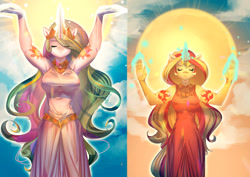 Size: 1400x990 | Tagged: safe, artist:bakki, princess celestia, sunset shimmer, anthro, armpits, clothes, dress, eyes closed, female, fiery shimmer, glowing hands, glowing horn, magic, pun, sun work, sunrise, sunset, sunshine shimmer, visual pun