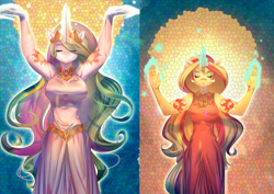 Size: 1400x990 | Tagged: safe, alternate version, artist:bakki, princess celestia, sunset shimmer, anthro, armpits, clothes, dress, eyes closed, female, fiery shimmer, glowing hands, glowing horn, magic, mosaic, pun, student, sun work, sunrise, sunset, sunshine shimmer, teacher, visual pun