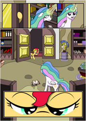 Size: 1488x2105 | Tagged: safe, artist:fimstargazer, princess celestia, sunset shimmer, alicorn, pony, comic:memories, book, bookshelf, comic, homesick shimmer, magic, momlestia, reunion, telekinesis, the prodigal sunset