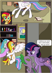 Size: 1488x2105 | Tagged: safe, artist:fimstargazer, princess celestia, spike, sunset shimmer, twilight sparkle, twilight sparkle (alicorn), alicorn, dragon, pony, comic:memories, book, bookshelf, comic, forgiveness, happy, homesick shimmer, hug, momlestia, reconciliation, reunion, the prodigal sunset, underhoof