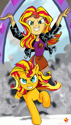 Size: 720x1280 | Tagged: safe, artist:andypriceart, artist:leone di cielo, sunset shimmer, pony, equestria girls, >:d, cute, evil grin, grin, happy, human ponidox, magic mirror, self ponidox, shimmerbetes, smiling