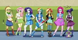 Size: 1200x613 | Tagged: safe, artist:bandijones, applejack, fluttershy, pinkie pie, rainbow dash, rarity, sci-twi, spike, spike the regular dog, sunset shimmer, twilight sparkle, dog, equestria girls, friendship games, book, boots, clothes, compression shorts, denim skirt, glasses, guitar, hair bun, high heel boots, high heels, jacket, leather jacket, legs, pinup, school, school uniform, schoolgirl, sexy, shorts, skirt, skirt lift, socks, tanktop