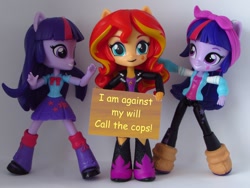 Size: 1200x900 | Tagged: safe, artist:whatthehell!?, edit, sunset shimmer, twilight sparkle, equestria girls, doll, eqg minis sunset's sign, equestria girls minis, irl, parody, photo, self paradox, toy